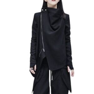 Marigold Shadows Draped Long Sleeve Asymmetrical Zipper Split Jacket